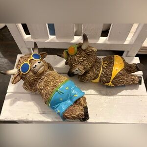Charming Hobby Lobby Highland Cow Sunbathing Figurines in Blue and Yellow